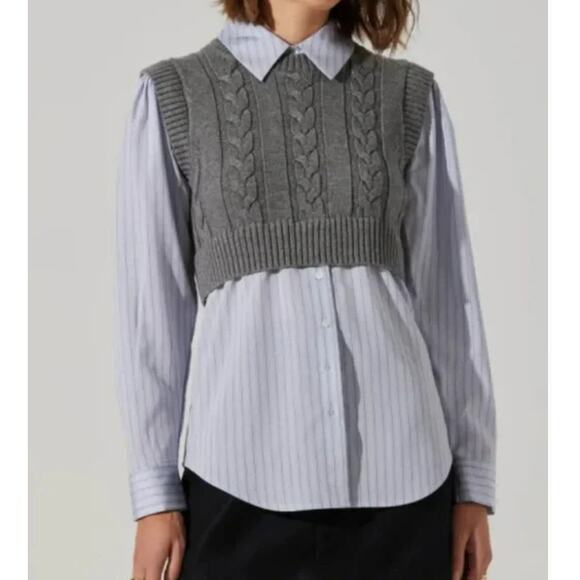 ASTR The Label Women's sz Small Flannery Layered Cable Combo Shirt Gray Blue - Picture 1 of 11